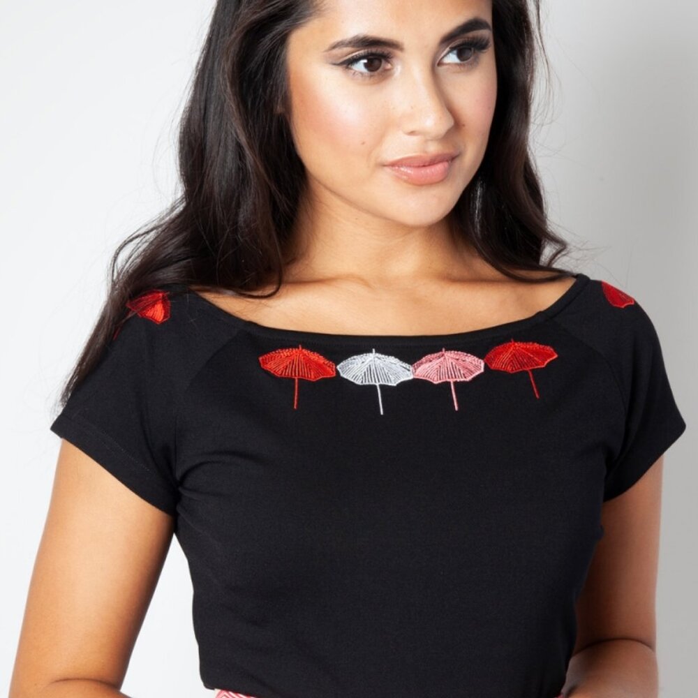 XS/Small NWT Voodoo Vixen Retro Bateau Neck Embroidered Umbrella Top ModCloth
